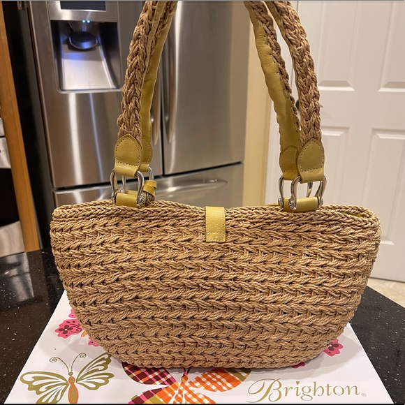 BRIGHTON YELLOW LEATHER BUTTERFLY ON THICK JUTE SHOULDER BAG PURSE - Picture 6 of 16